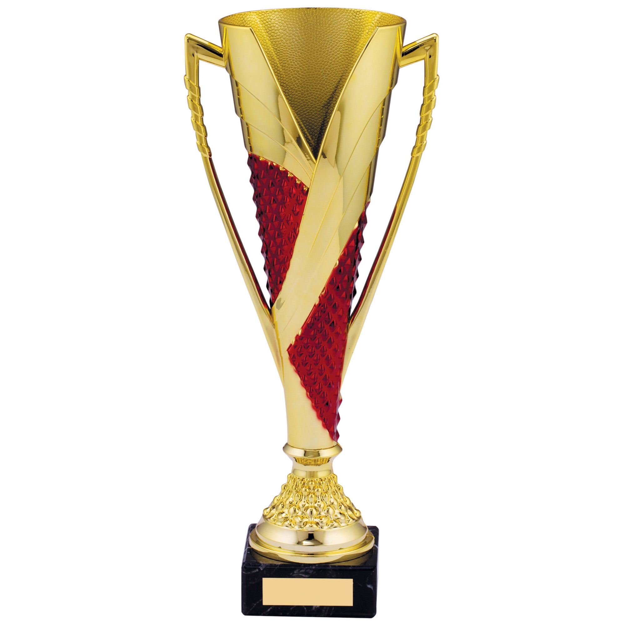 Gold Plastic Trophy Cup with Red Texture on Black Marble Base