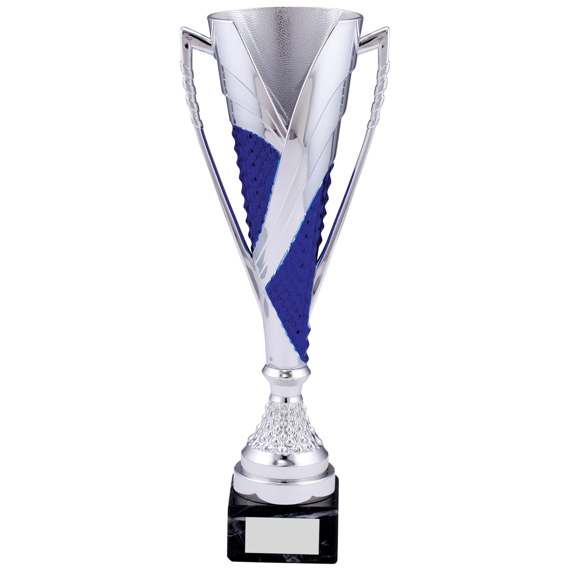 Silver Plastic Trophy Cup with Silver Texture on Black Marble Base