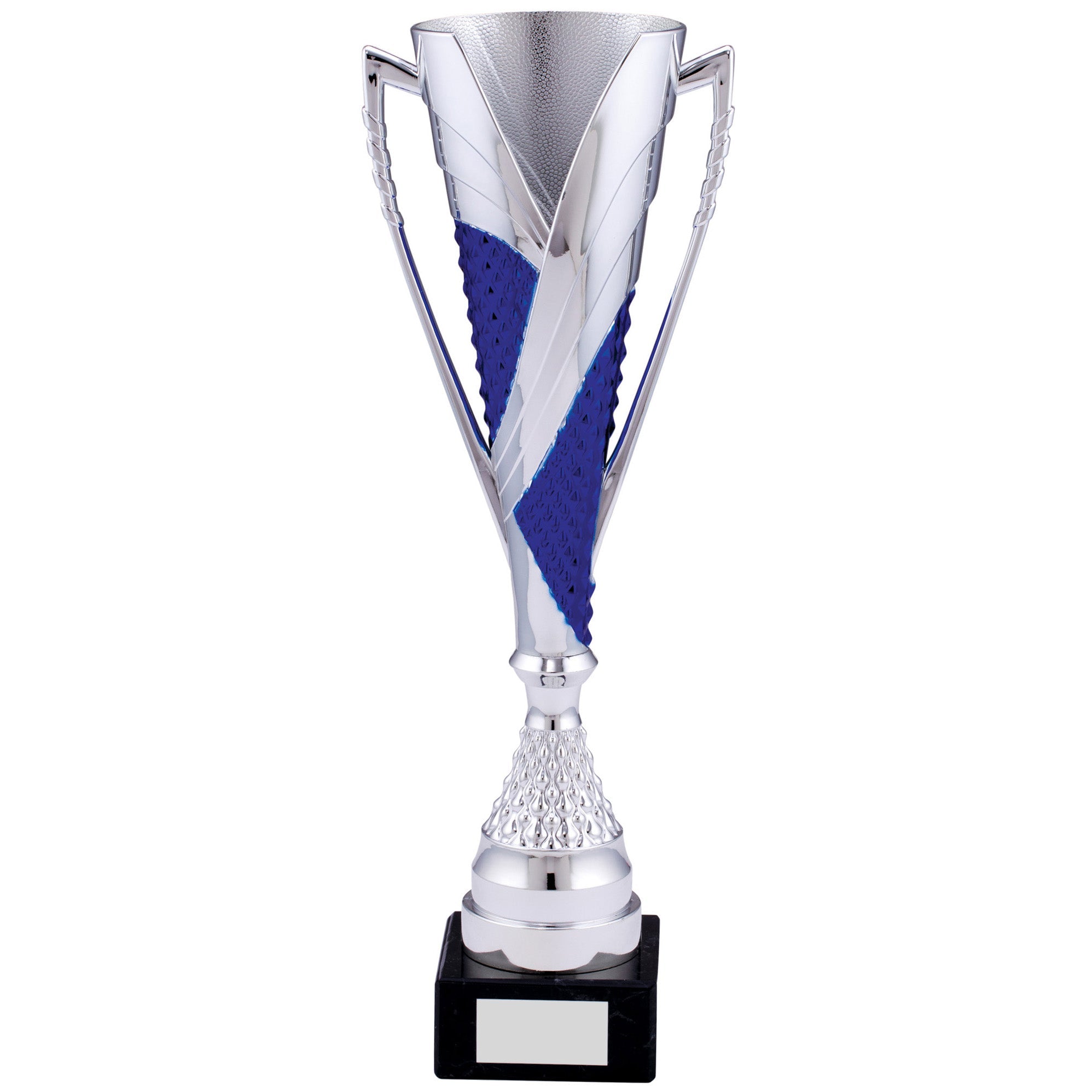 Silver Plastic Trophy Cup with Silver Texture on Black Marble Base