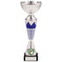 Silver Trophy Cup with Blue Crown and Rings Design