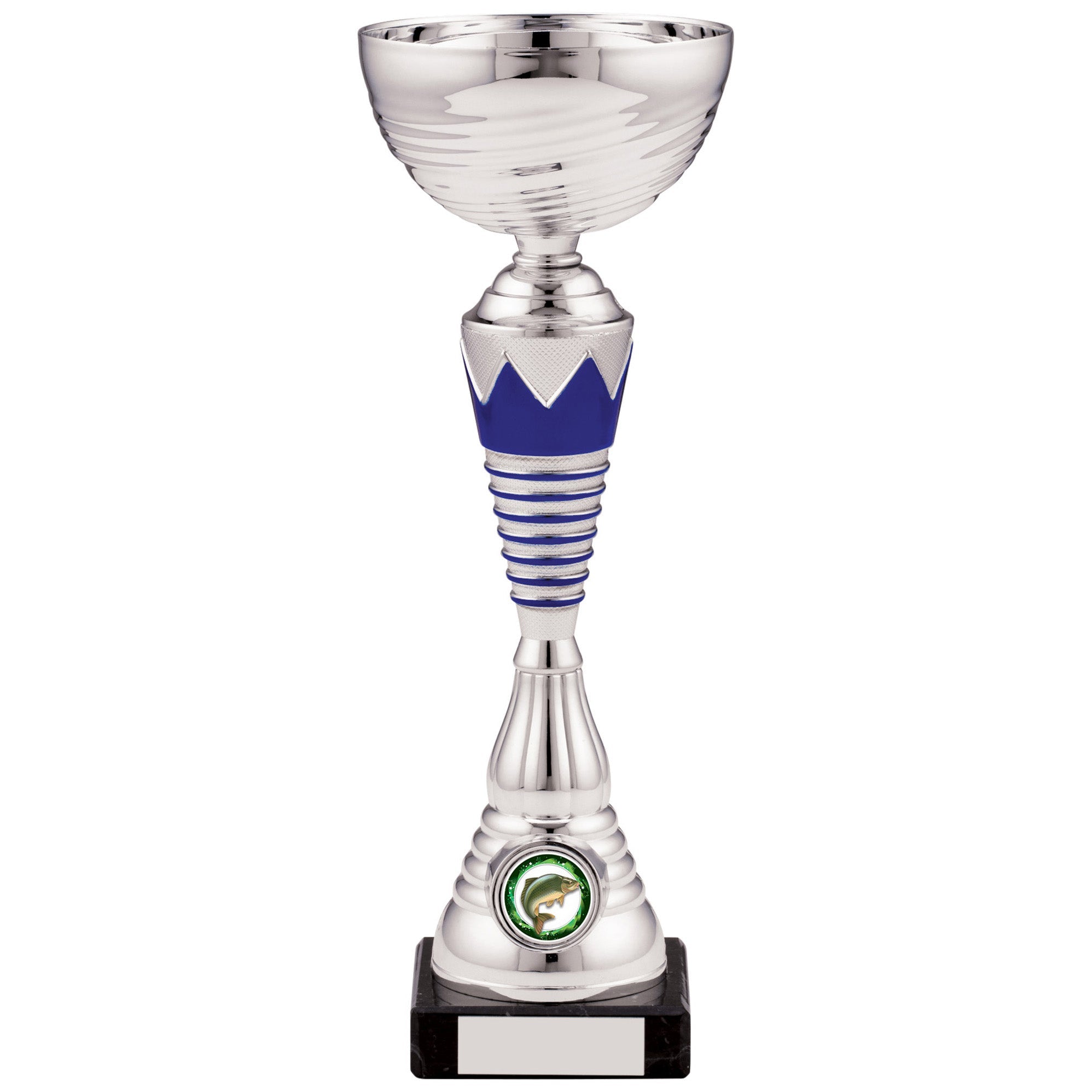 Silver Trophy Cup with Blue Crown and Rings Design
