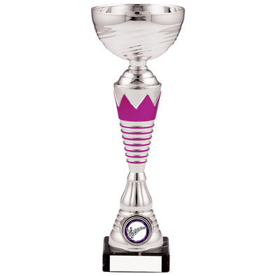 10" Silver Trophy Cup with Pink Crown and Rings Design