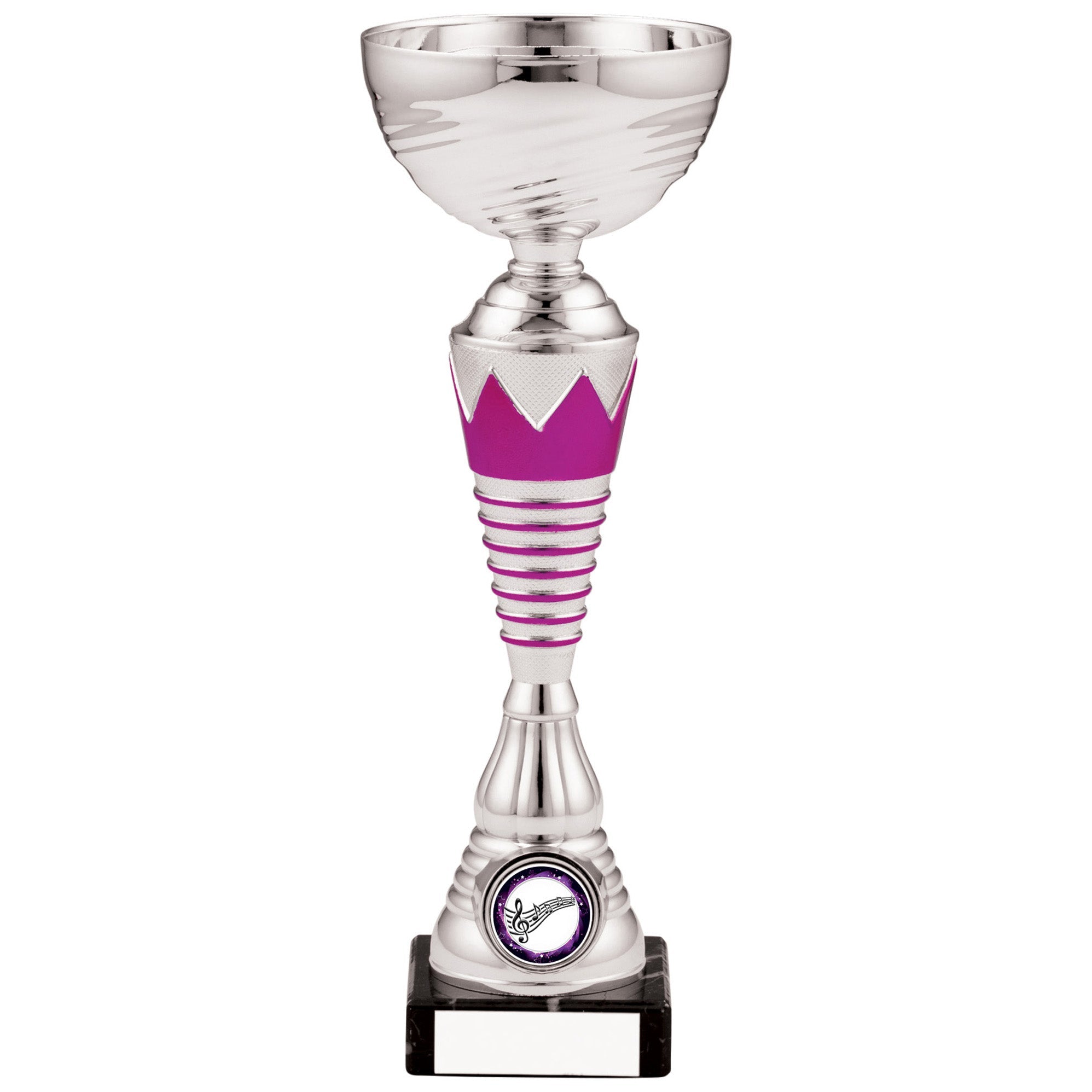 Silver Trophy Cup with Pink Crown and Rings Design