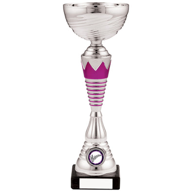 11" Silver Trophy Cup with Pink Crown and Rings Design