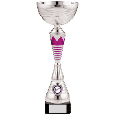12.5" Silver Trophy Cup with Pink Crown and Rings Design