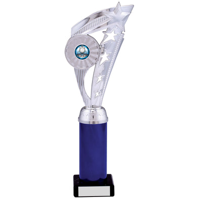 12" Silver and Blue Plastic Fin Trophy on Marble Base