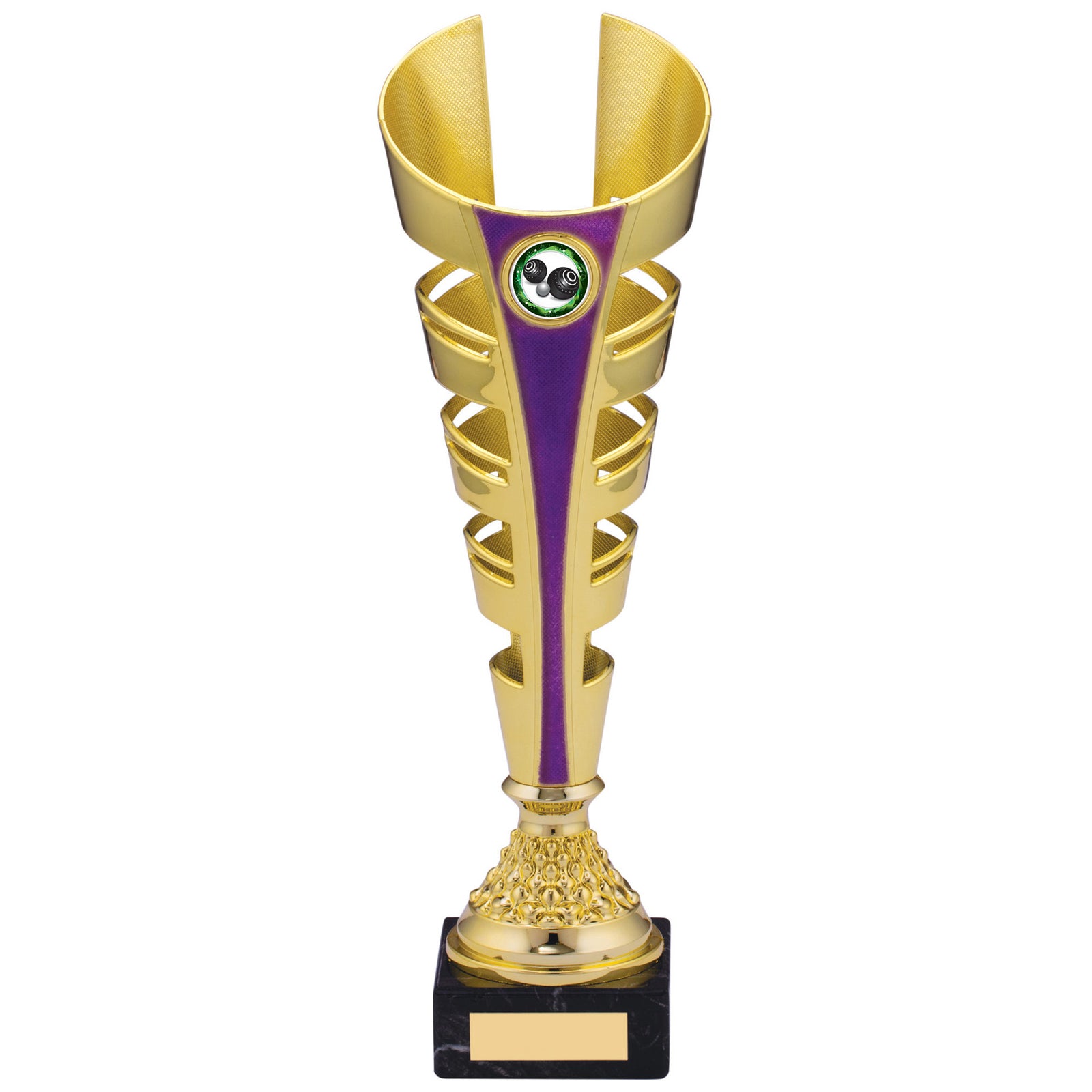 Gold and Purple Futuristic Plastic Trophy Cup on Marble Base