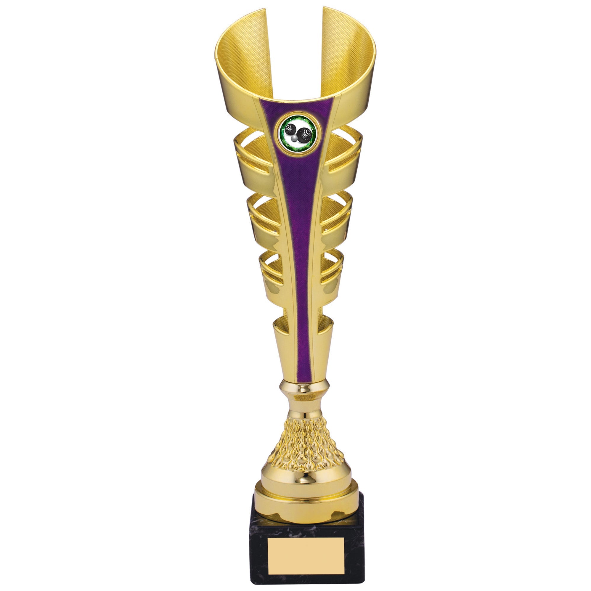 Gold and Purple Futuristic Plastic Trophy Cup on Marble Base