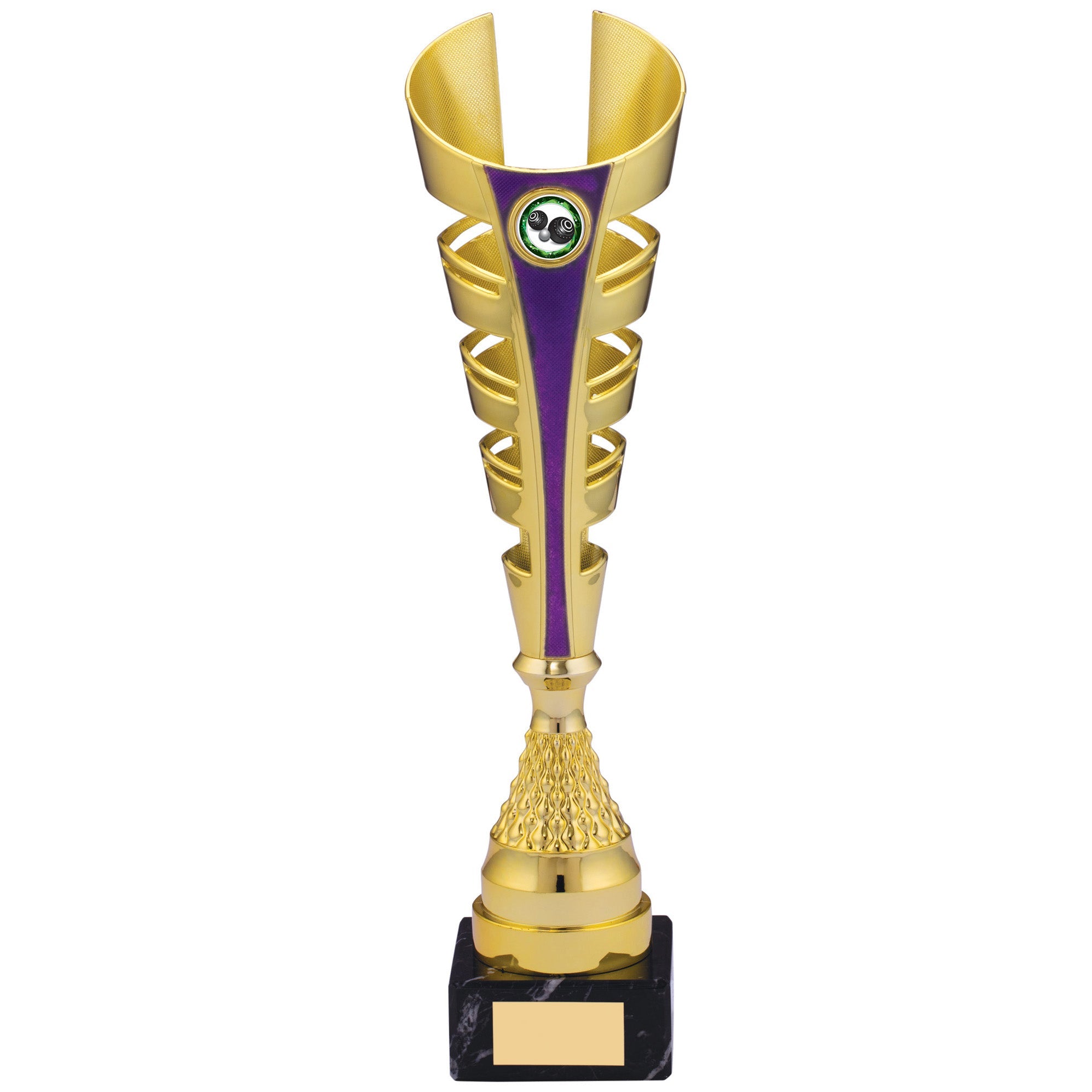 Gold and Purple Futuristic Plastic Trophy Cup on Marble Base