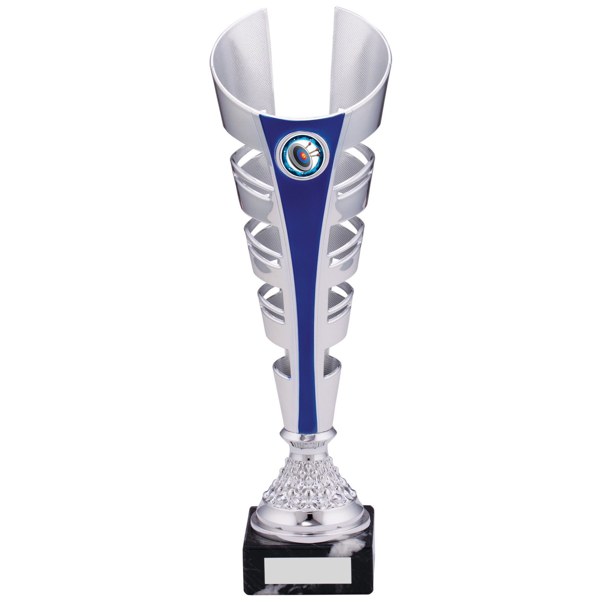 Silver and Blue Futuristic Plastic Trophy Cup on Marble Base