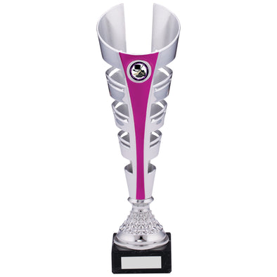 13" Silver and Pink Futuristic Plastic Trophy Cup on Marble Base