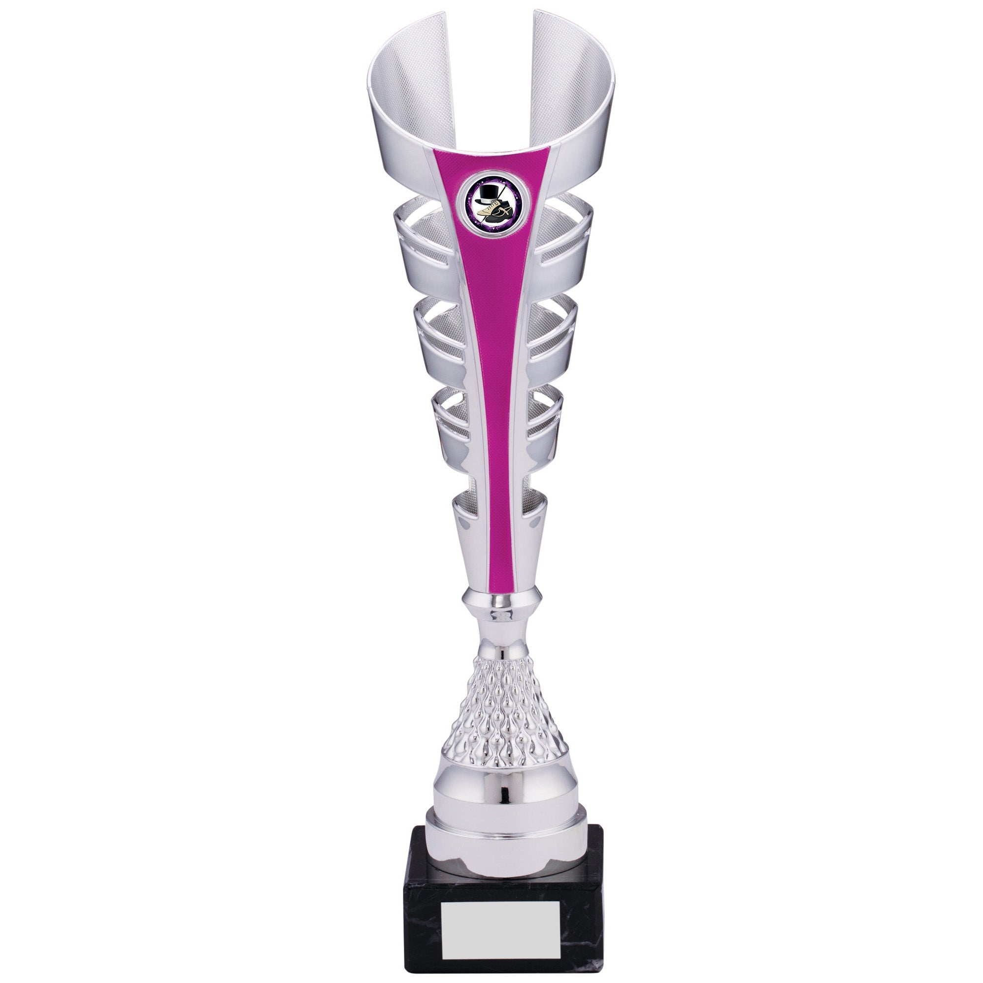 Silver and Pink Futuristic Plastic Trophy Cup on Marble Base