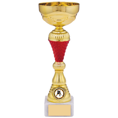 9.75" Gold Trophy Cup with Red Stem on Marble Base