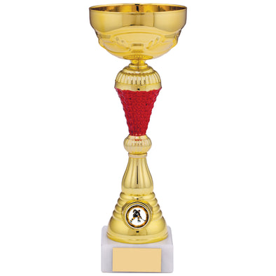 10.5" Gold Trophy Cup with Red Stem on Marble Base