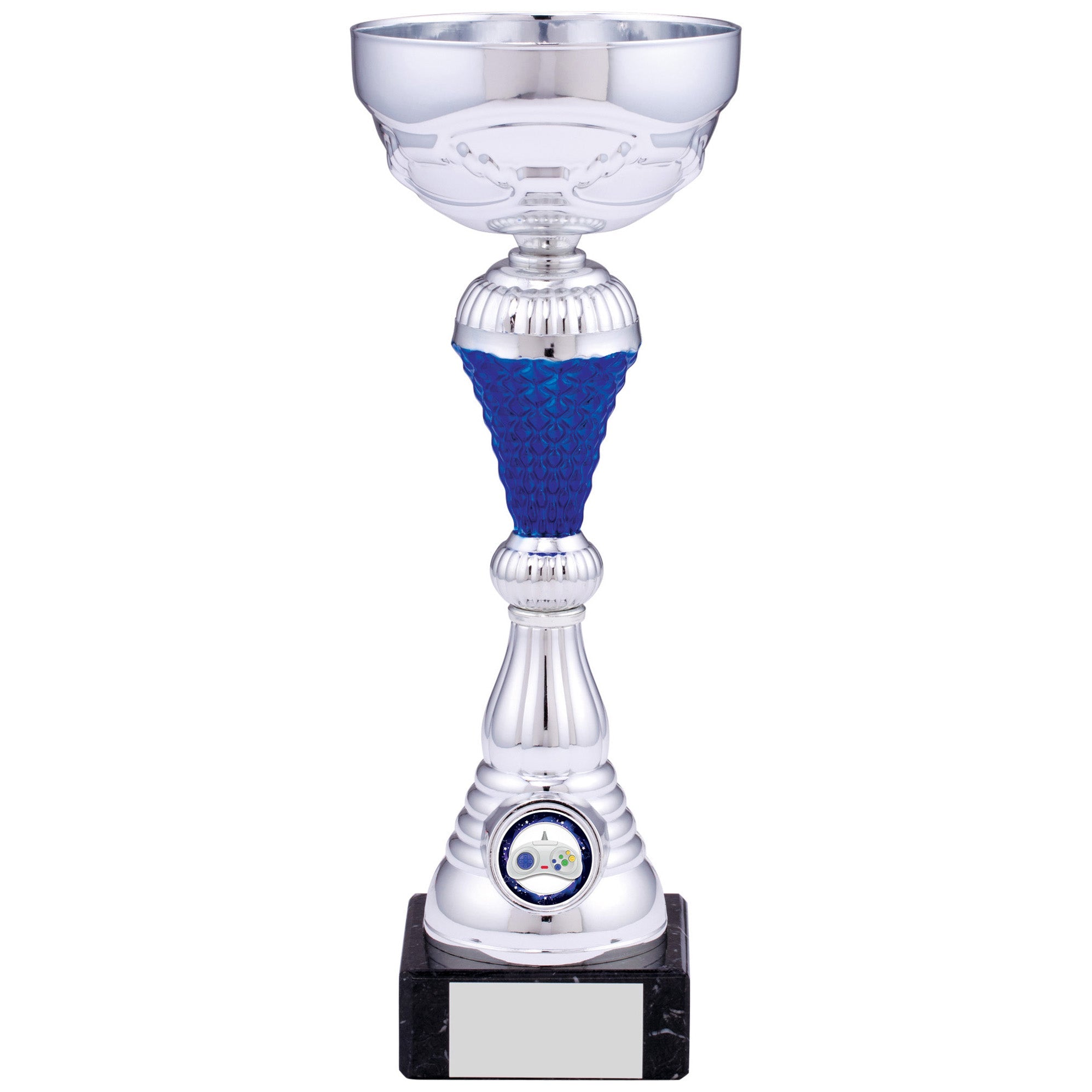 Silver Trophy Cup with Blue Stem on Marble Base