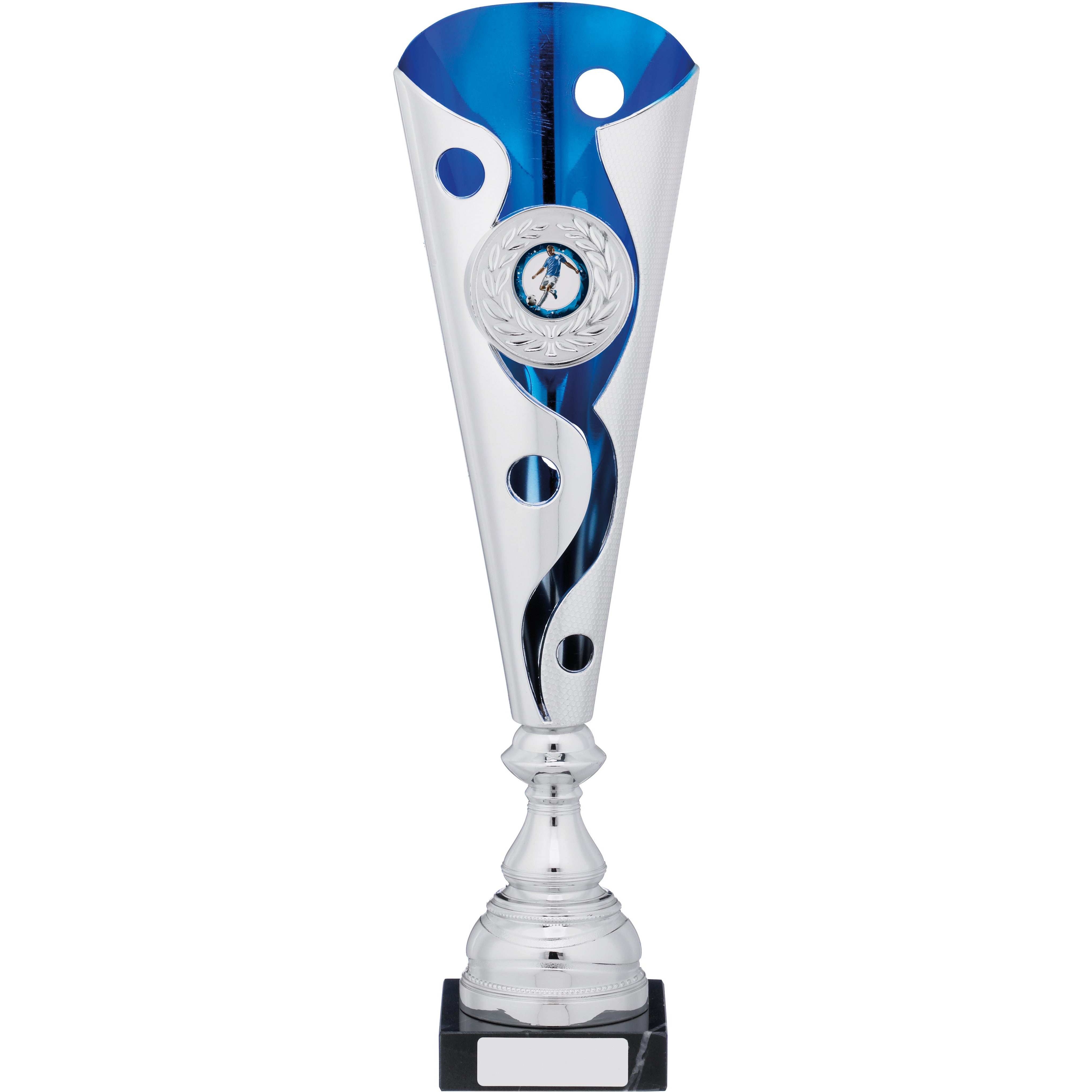Silver & Blue Modern Trophy Cup with Circles and Swirl Cutout