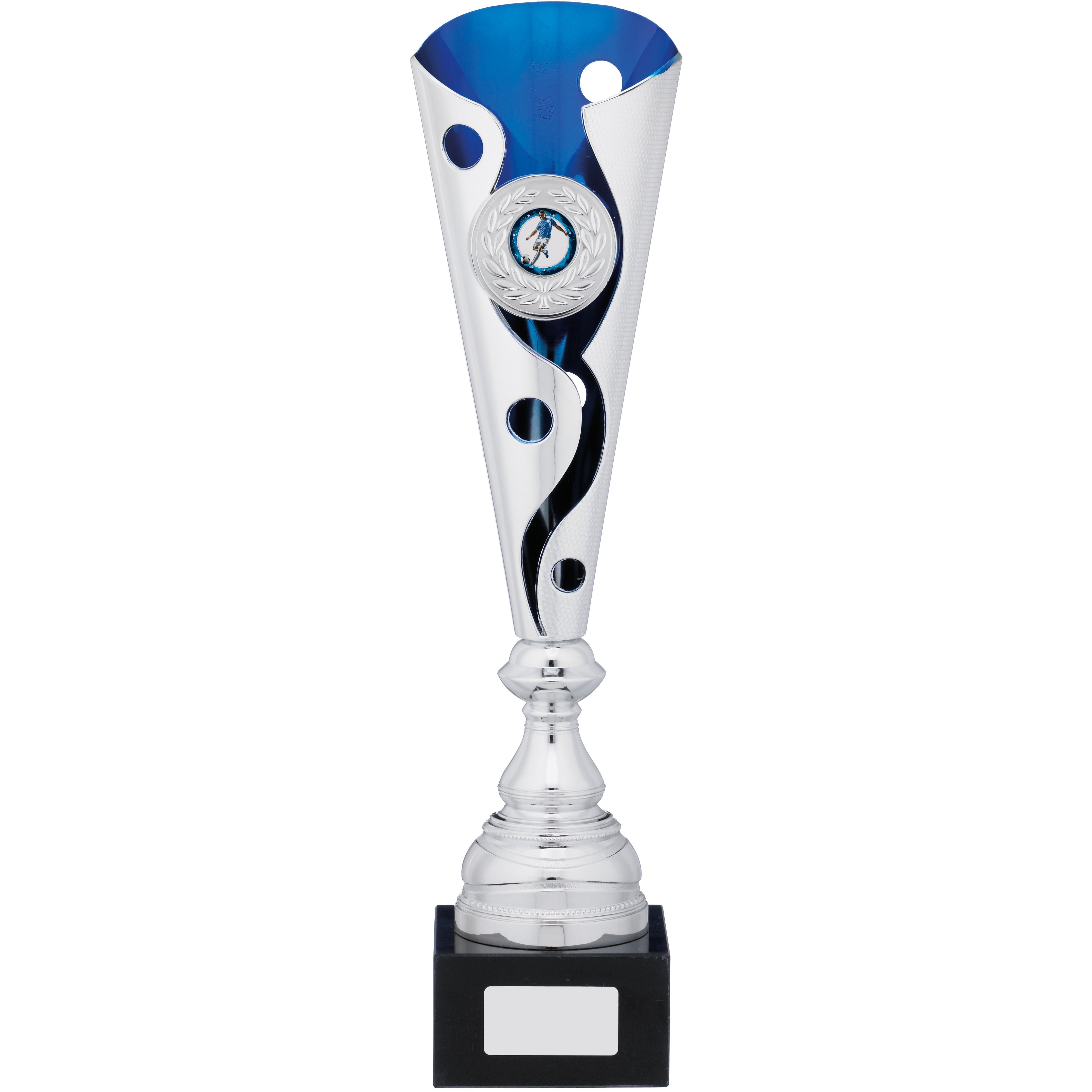 Silver & Blue Modern Trophy Cup with Circles and Swirl Cutout