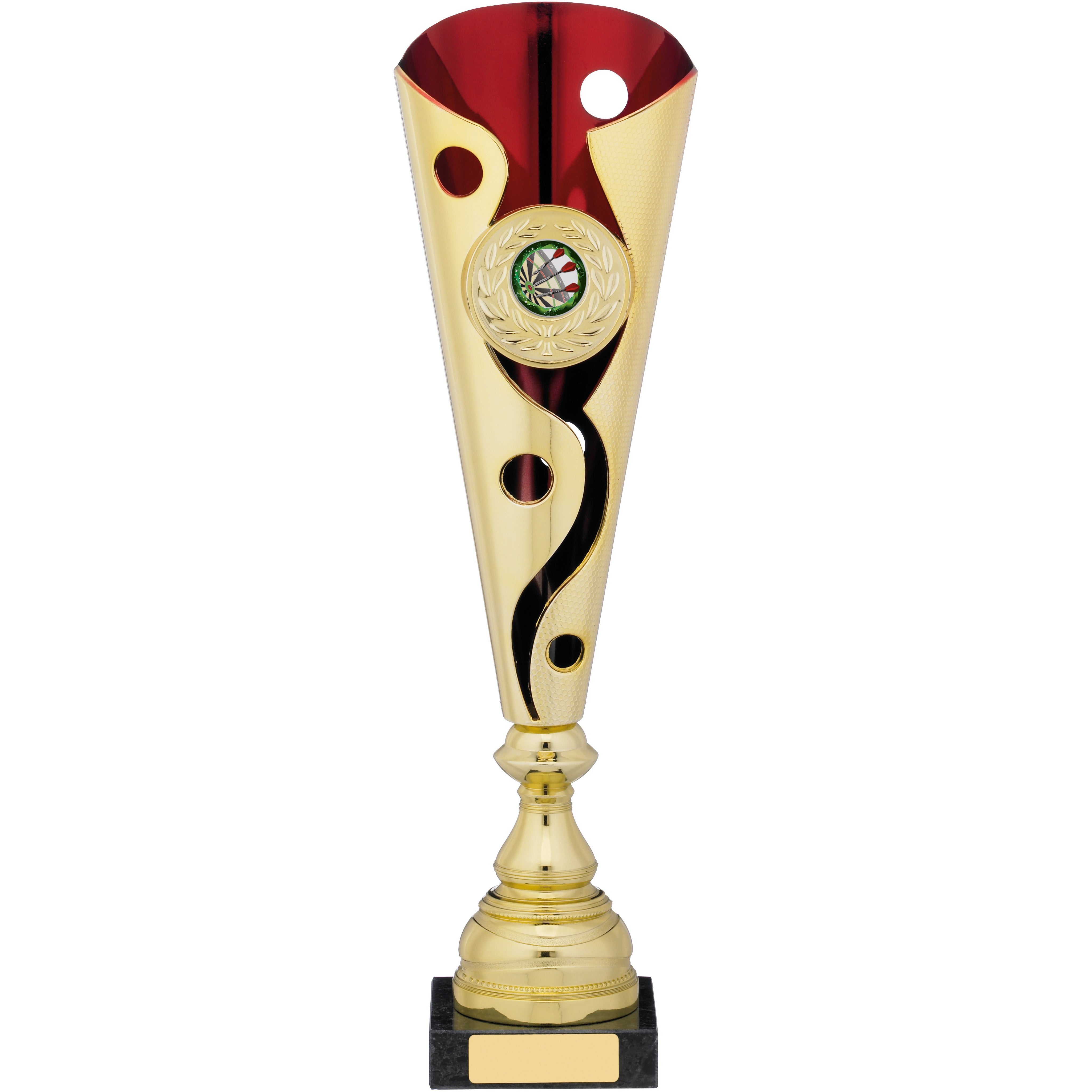Gold & Red Modern Trophy Cup with Circles and Swirl Cutout