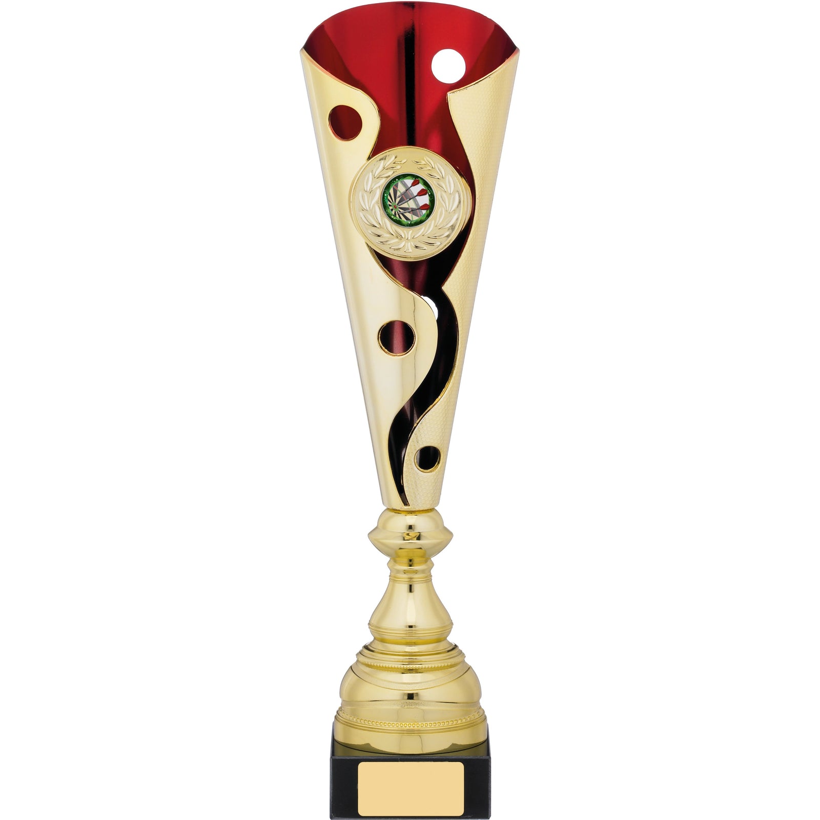 Gold & Red Modern Trophy Cup with Circles and Swirl Cutout