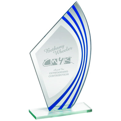 Jade Glass Award - Sail Plaque With Blue/Silv Highlights - (5mm Thick) 9.5in