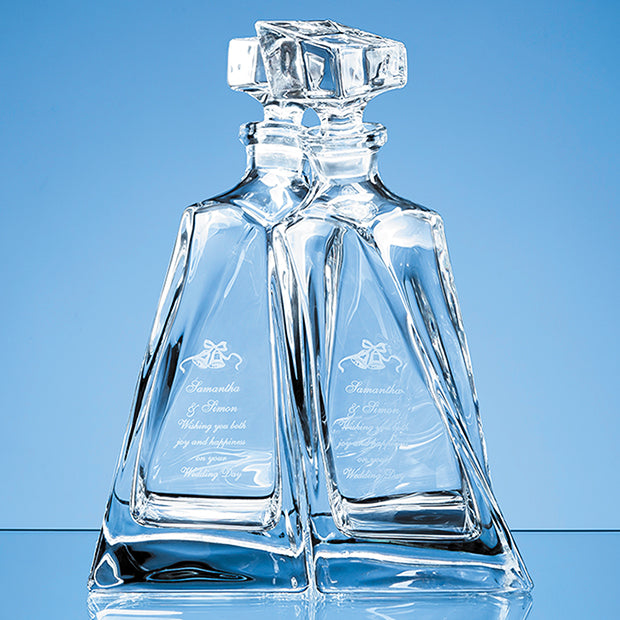 Engraved Pair of Lead Crystalite Lovers Decanters