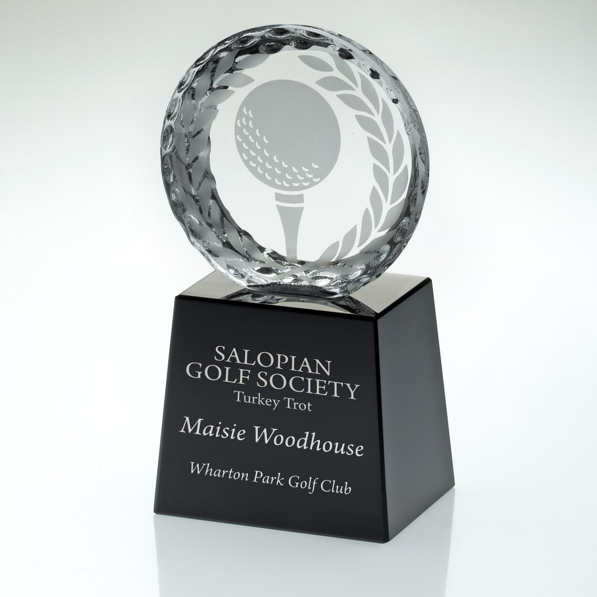 Glass Golf Circle Award - Custom Engraved Black Plinth