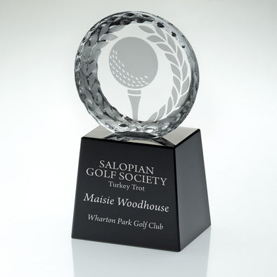 Glass Golf Circle Award - Custom Engraved Black Plinth - 5.5in