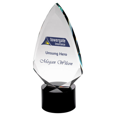Personalised Clear Glass Award - Arrowhead (20mm Thick) On Round Black Base - 9in