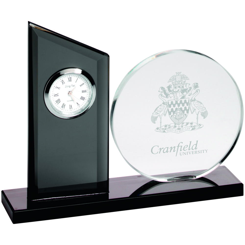 Personalised Clear/Black Glass Clock And Round Plaque - 5.25in