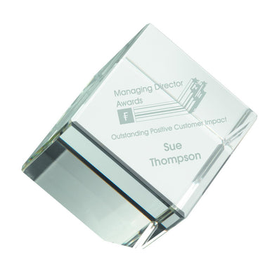 Etched Clear Glass Cube Paperweight In Box - 3.25in