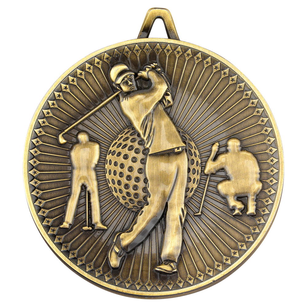 Golf Deluxe Medal - Antique Gold 2.35in