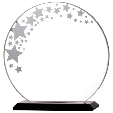 6.25" Circle Glass Award with Stars Detailing on Black Base