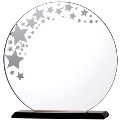 7.75" Circle Glass Award with Stars Detailing on Black Base