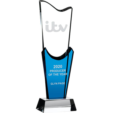 Clear And Blue Modern Glass Award on Base 26.5cm