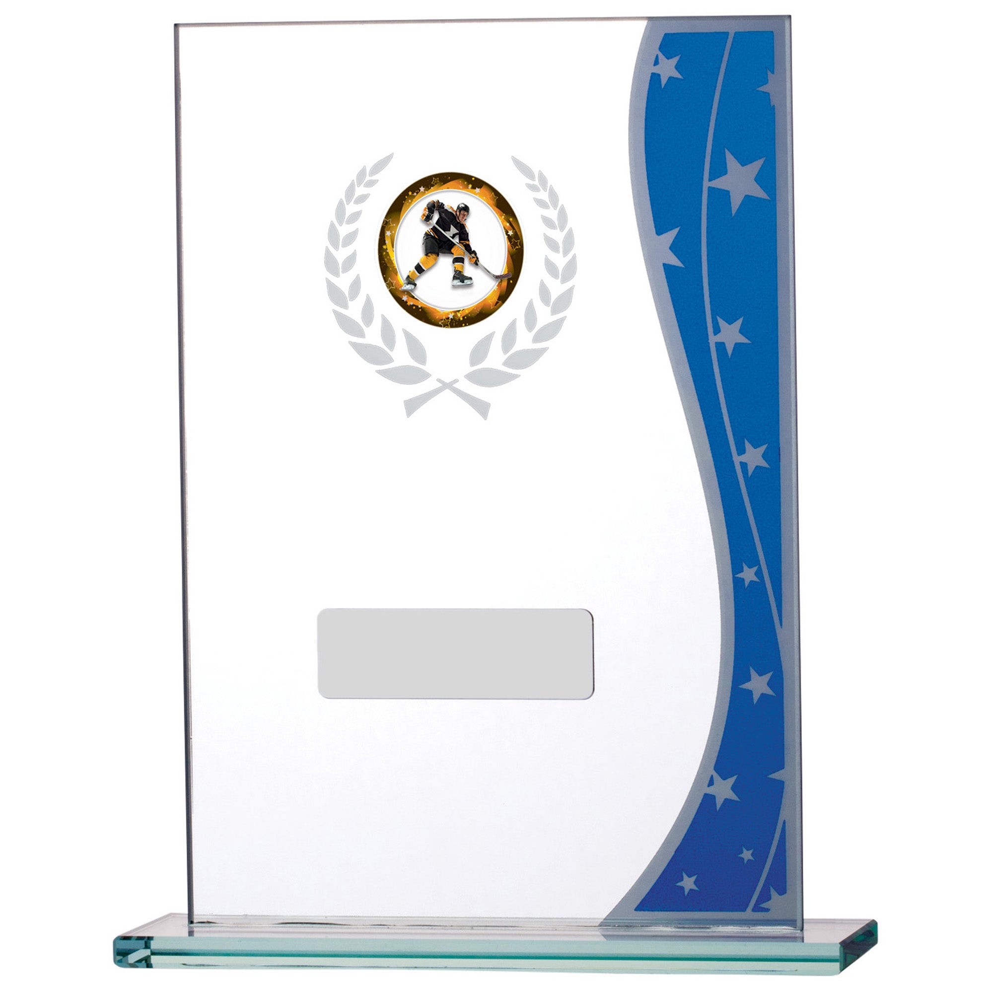 Blue Star Rectangle Glass Award with Personalised Plate and 1" Centre