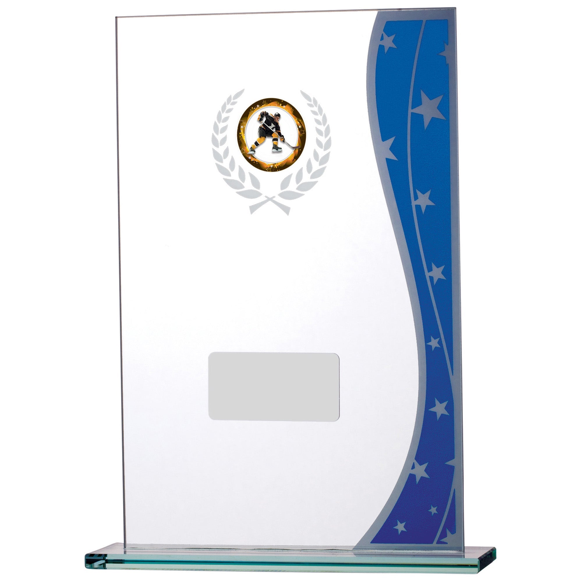 Blue Star Rectangle Glass Award with Personalised Plate and 1" Centre