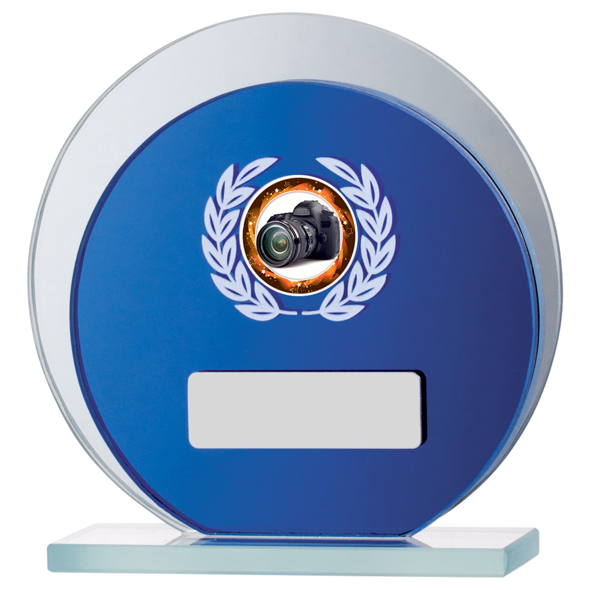 Blue Mirror Circle Glass Award with Personalised Plate and 1" Centre