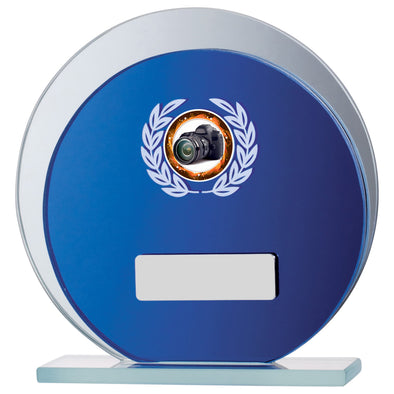 5" Blue Mirror Circle Glass Award with Personalised Plate and 1" Centre