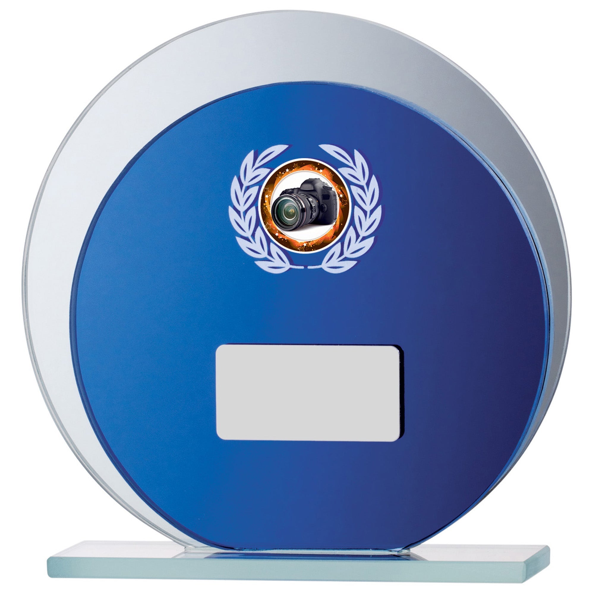Blue Mirror Circle Glass Award with Personalised Plate and 1" Centre
