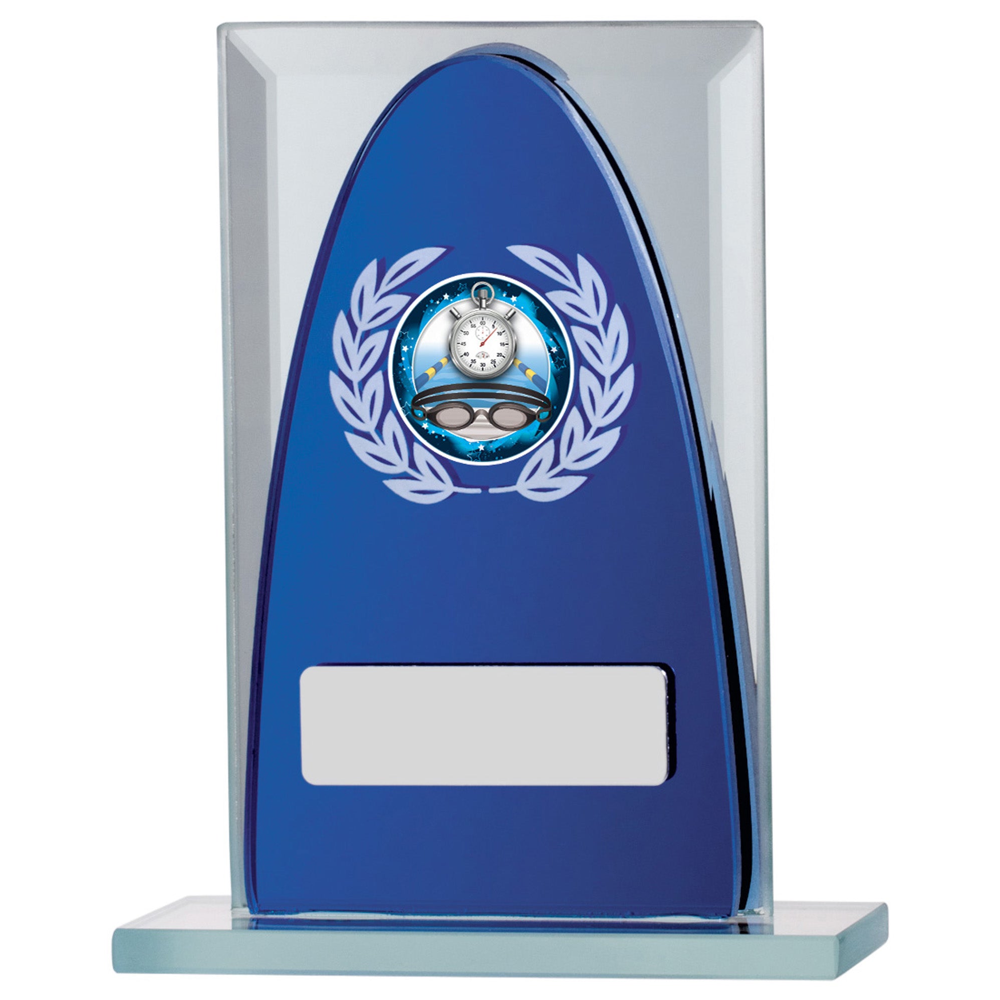Blue Mirror Rectangular Glass Award with Personalised Plate and 1" Centre