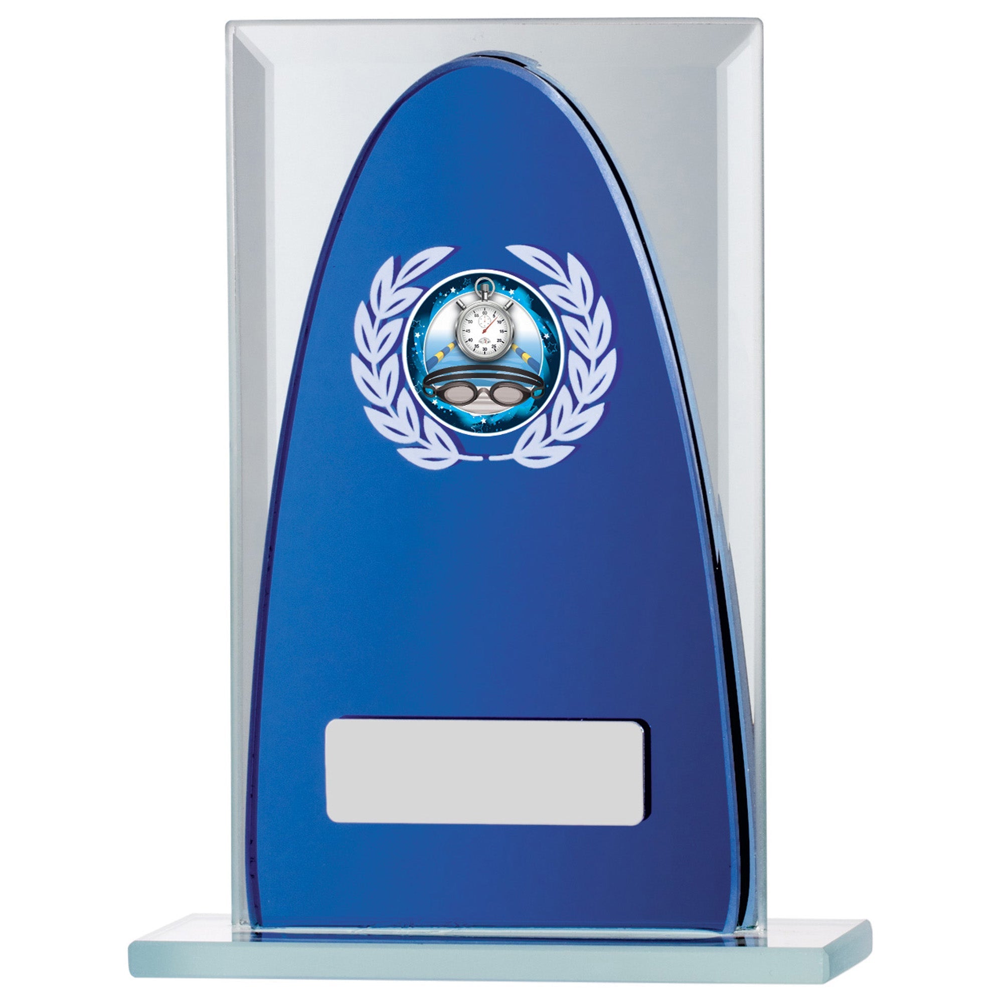 Blue Mirror Rectangular Glass Award with Personalised Plate and 1" Centre