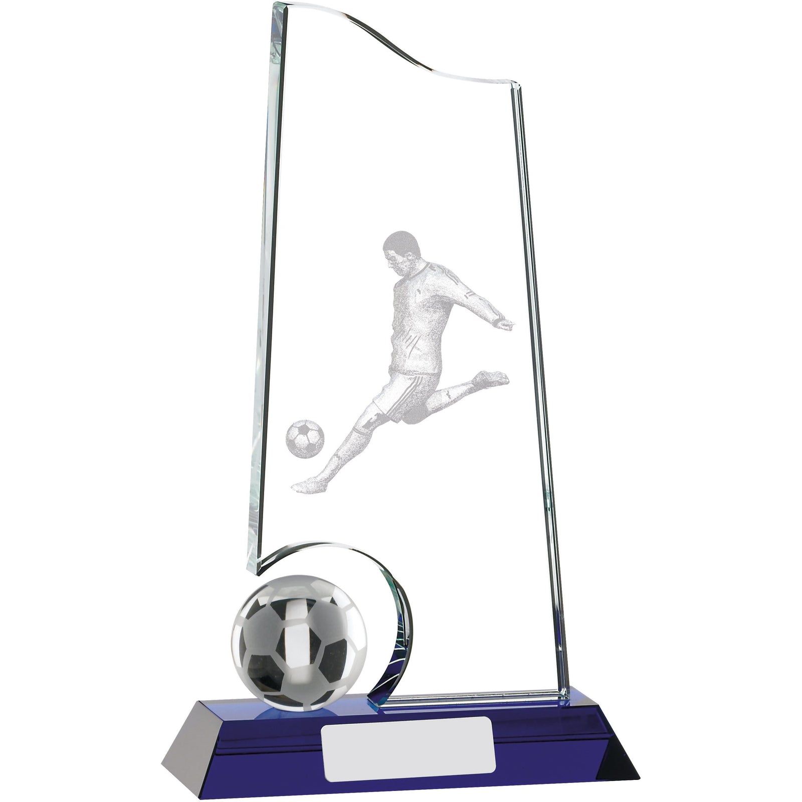 Football Glass Block Award - Striker on Blue Base