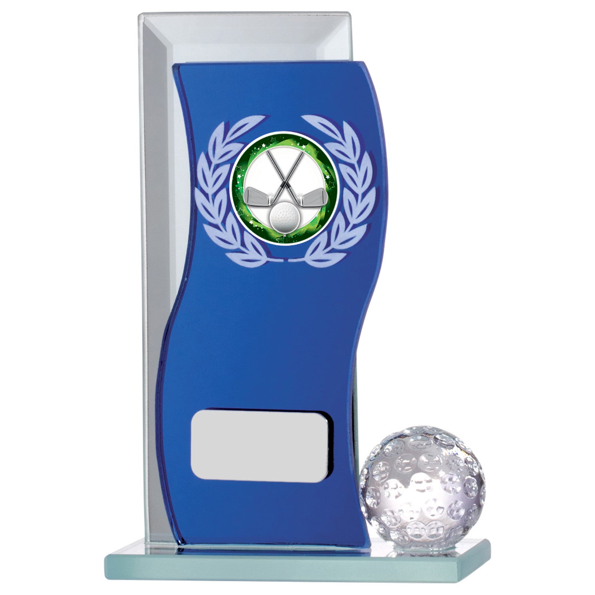 Golf Blue Mirrored Glass Award with Personalised Plate and 1" Centre