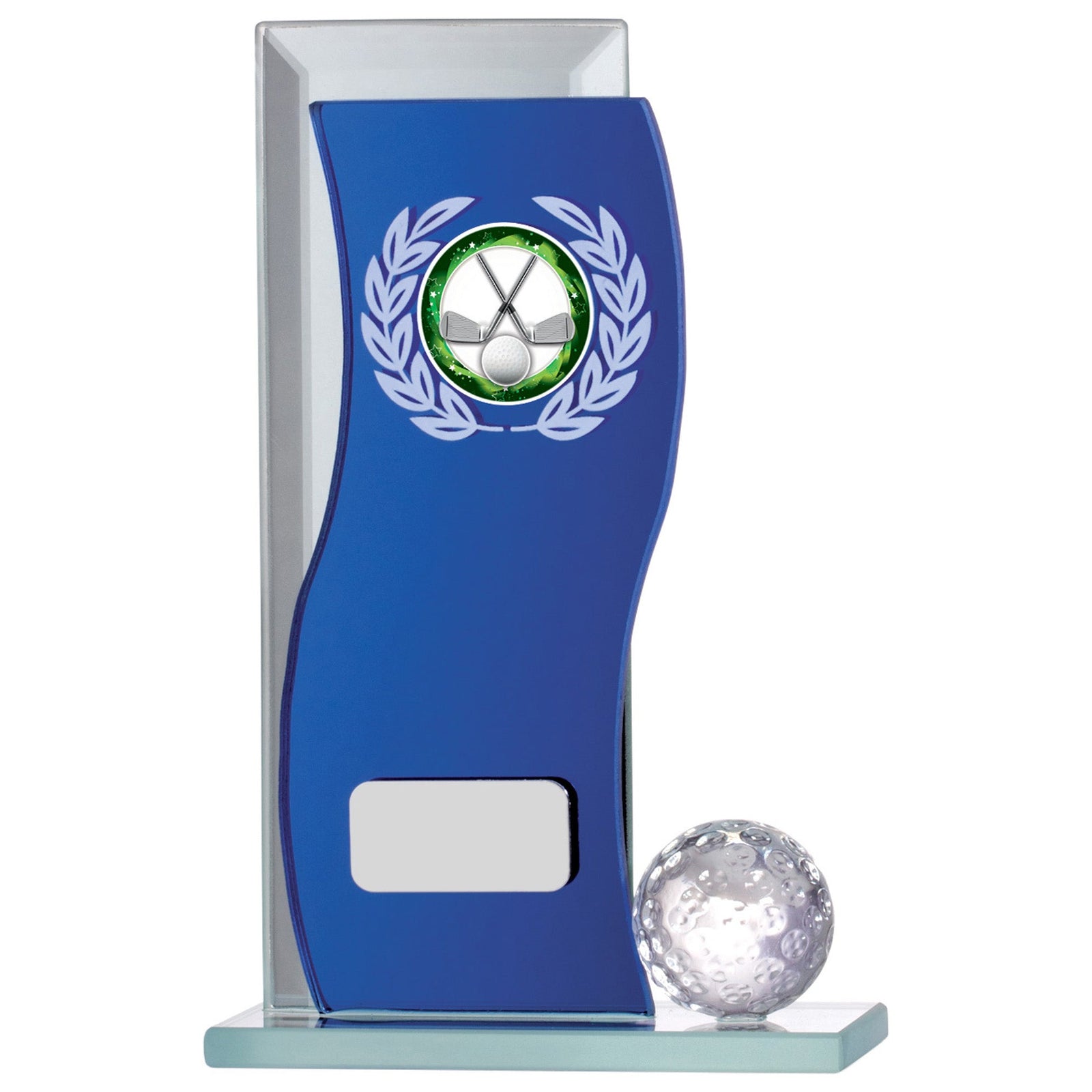 Golf Blue Mirrored Glass Award with Personalised Plate and 1