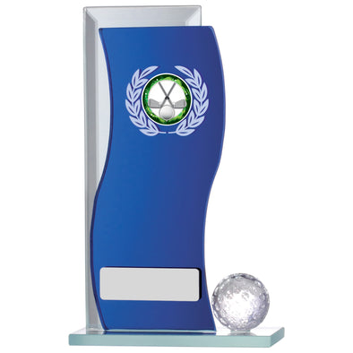 6.5" Golf Blue Mirror Glass Award with Personalised Plate and 1" Centre