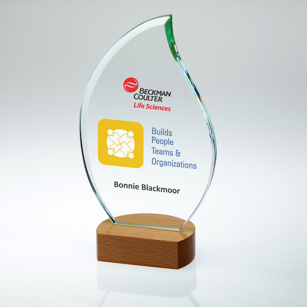Colour Print Personalised Clear Glass Flame Award On Light Wood Base (10mm Thick)