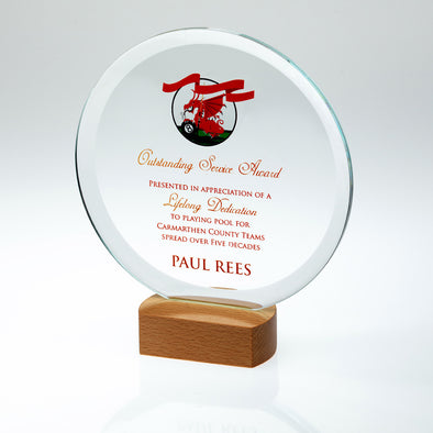 Colour Print Personalised Clear Glass Circle Award On Light Wood Base (10mm Thick)