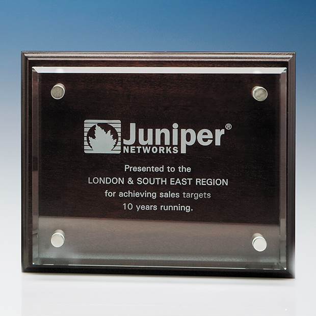 Engraved Glass Rectangle Award on Mahogany Plaque