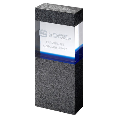 Engraved Clear/Blue Glass Award - Within Grey Marble Column (35mm Thick X 80mm Wide) - 8in