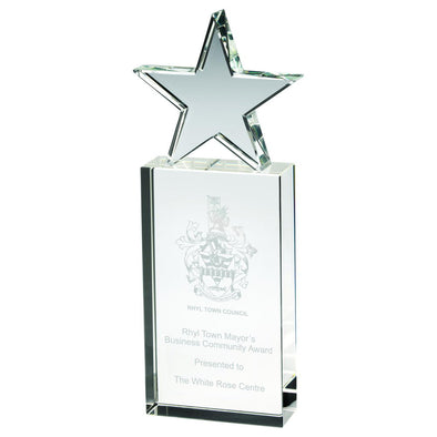 Clear Glass Block Award With Glass Star - 8in